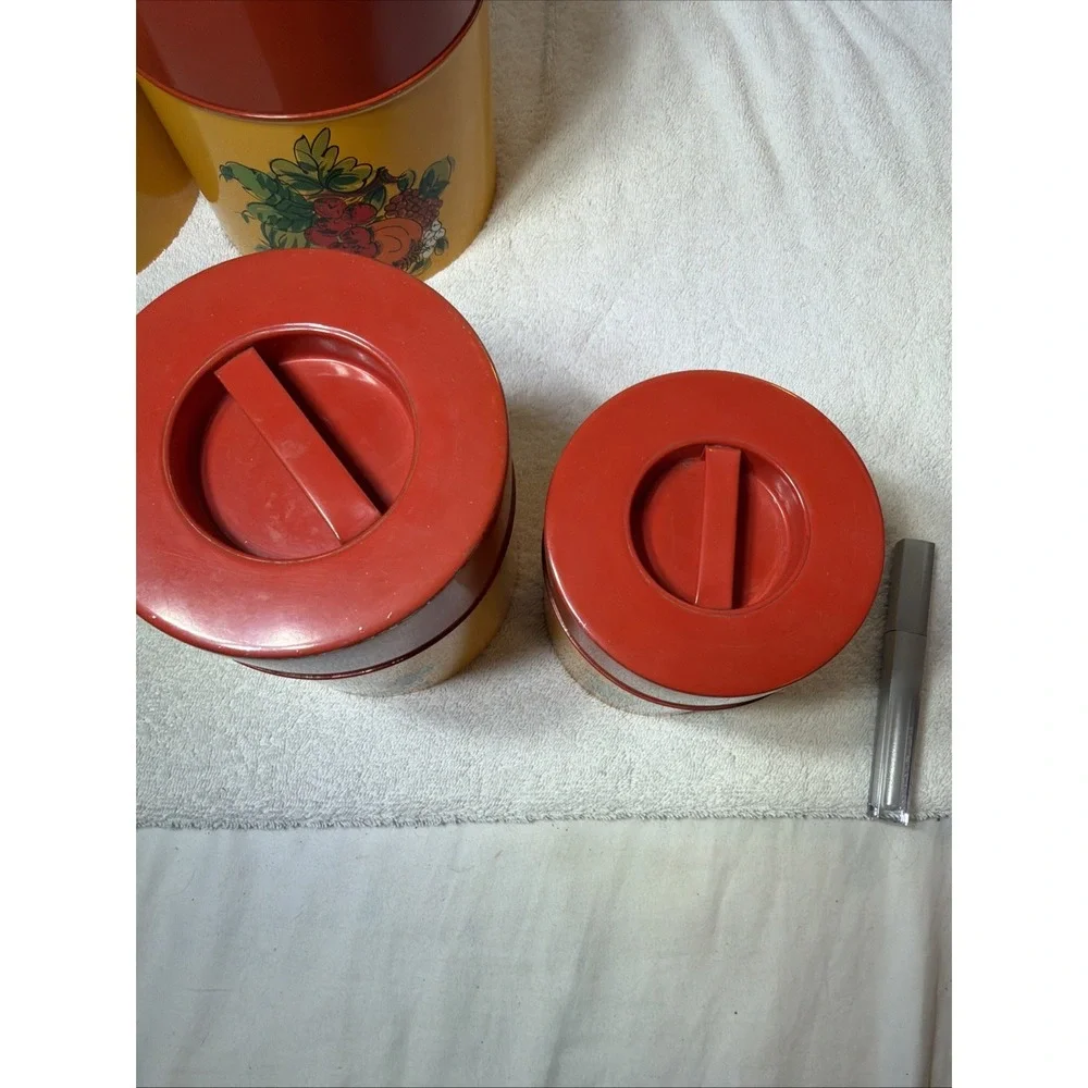 Vintage/Retro Metal Canister Set 4pc Yellow/Red Floral w/ Lids 16 oz